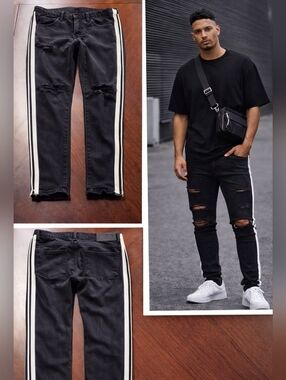 Rue21 Black Skinny Jeans – Distressed, Side Stripe Detail